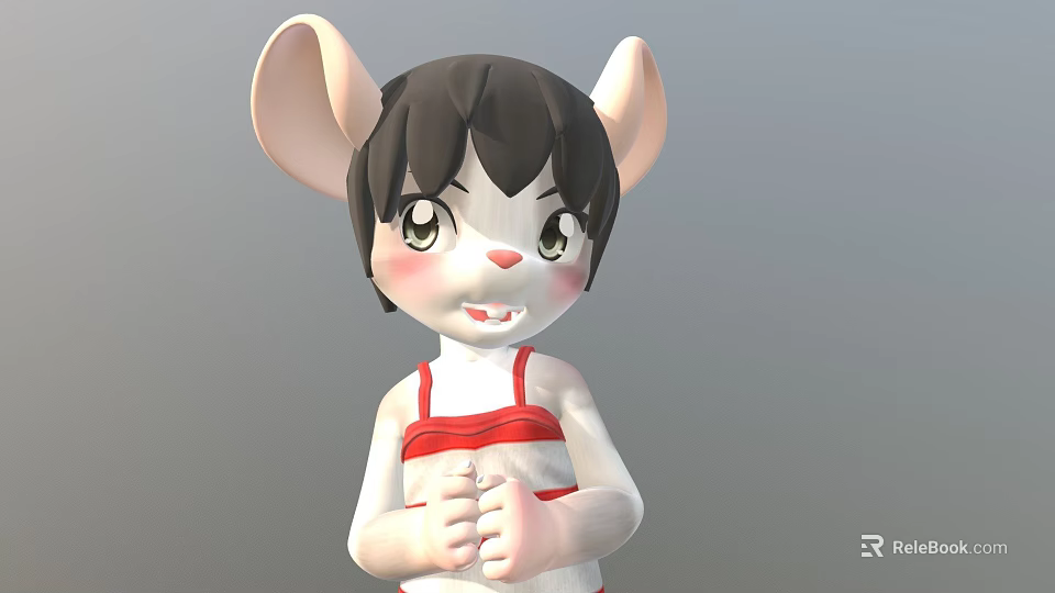 Cute 3D Cartoon Mouse Character With Large Ears Black Short Hair And Red White Vest 3d model 
