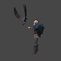 Game Movie Character Red Haired Female With Cloak Standing With Flying Eagle Against Blue Background