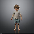 Child in Light Gray T-Shirt and Blue Shorts Standing Barefoot Against Dark Background