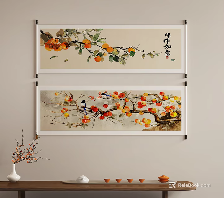 Traditional Chinese Scroll Botanical Paintings With Persimmon Branches Blossoms And Birds 3d model 