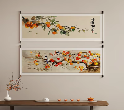 Traditional Chinese Scroll Botanical Paintings With Persimmon Branches Blossoms And Birds 3d model