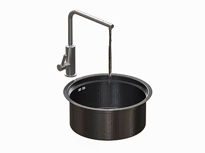 Round Black Kitchen Sink with Stainless Steel Faucet and Flowing Water 3d model