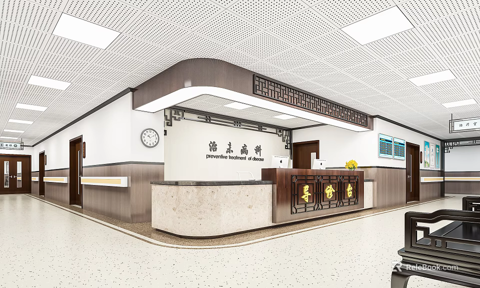Hospital Outpatient Lobby Interior Design With Reception Desk Clock And Waiting Area 3d model 