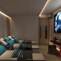 Modern SPA Sauna Room With Sofa Beds Blue Cushions Large Screen TV And Modern Lighting