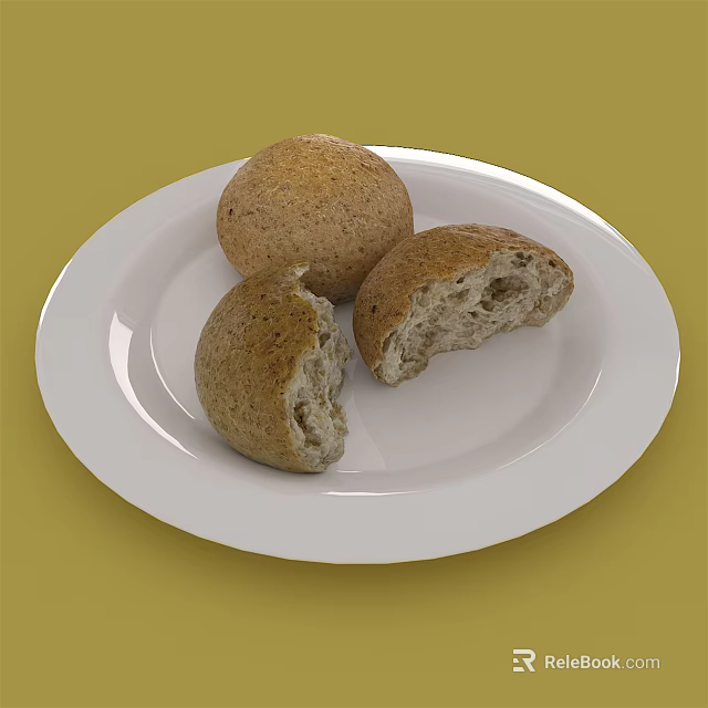 Three Whole Grain Bread Rolls One Broken Open On White Plate With Yellow Background 3d model 