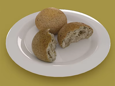 Three Whole Grain Bread Rolls One Broken Open On White Plate With Yellow Background 3d model