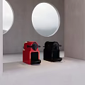 Sleek Kitchen Interior With Red And Black Appliances Gray Walls And Round Window