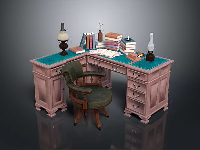 Vintage Pink Desk With Green Desktop And Green Chair Including Lamp Books Ink Bottle And Papers 3d model