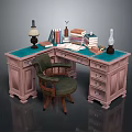 Vintage Pink Desk With Green Desktop And Green Chair Including Lamp Books Ink Bottle And Papers