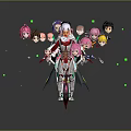 Central Fantasy Character Surrounded By Multiple Creature Heads With Colorful Hair And Green Glowing Dots