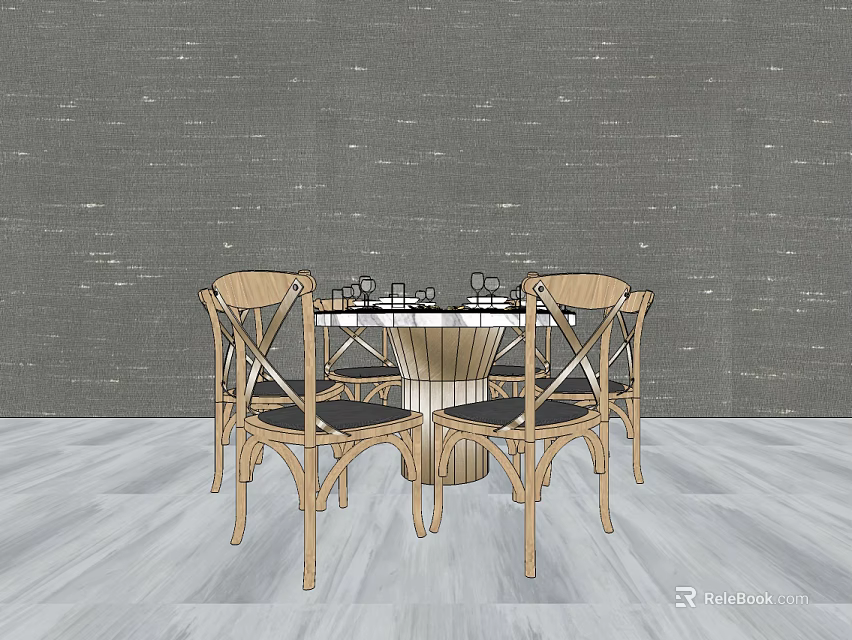 Minimalist Round Dining Table Set With Wooden Chairs Gray Wall And Light Floor 3d model 
