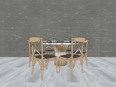 Minimalist Round Dining Table Set With Wooden Chairs Gray Wall And Light Floor 3d model