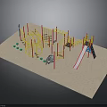 Colorful Playground Structure With Climbing Net Slide Sand Area And Red Poles