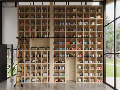 Spacious Reading Room With Tall Bookshelves Filled With Various Books Large Windows And Wooden Ladder 3d model