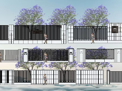 Modern Entrance Gate Design With Black Fence Glass Elements And Purple Trees 3d model