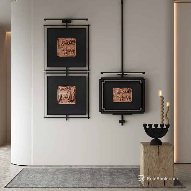 Modern Interior With Framed Brown Texture Wall Art And Candle Holder 3d model 