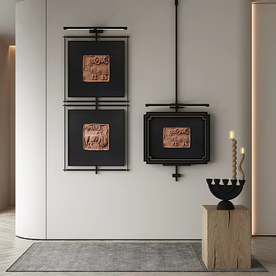 Modern Interior With Framed Brown Texture Wall Art And Candle Holder 3d model