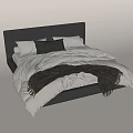 Comfortable Double Bed With Gray Headboard White Bedding Dark Blanket And Checkered Pillow 3d model