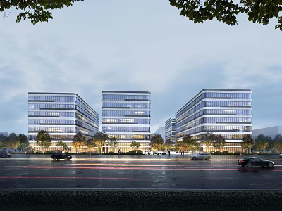 Modern Office Buildings With Glass Facades In City Landscape With Cars And Trees 3d model
