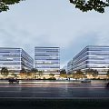 Modern Office Buildings With Glass Facades In City Landscape With Cars And Trees