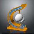 Modern Architectural Structure with Curved Orange Frame White Sphere and Blue Elements Perforated Grid Base