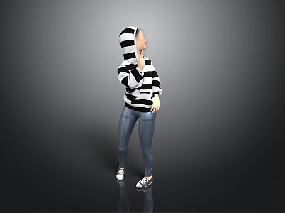Person In Black And White Striped Hoodie Blue Jeans White Sneakers On Gray Background 3d model