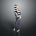 Person In Black And White Striped Hoodie Blue Jeans White Sneakers On Gray Background