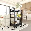 Cozy Living And Dining Room With Beige Sofa Black Shelf Fruits Snacks Books White Table
