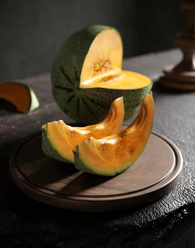 Fresh Sliced Honeydew Melon On Wooden Plate And Whole Melon 3d model Fresh Sliced Honeydew Melon On Wooden Plate And Whole Melon 3d model