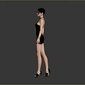 Female Game and Movie Character in Black High Neck Dress with Red Patterns and Bracelets