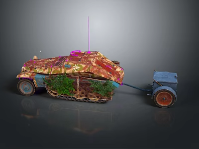 Armored Military Vehicle With Camouflage Cover And Attached Trailer Track Wheels 3d model