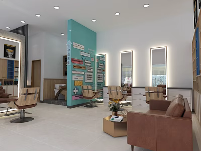 Bright Modern Beauty Salon Interior With Hairdressing Chairs Sofa Mirrors Lighting And Decorative Wall 3d model