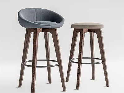 Modern Bar Stools With Wooden Legs And Upholstered Seats In Gray And Beige 3d model