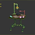 Children's Wooden Desk With Metal Pipe Legs Lamp Books Pencil Case And Two Toy Cars