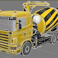 Yellow Concrete Mixer Truck With Black Stripes And Crane Arm For Construction Use