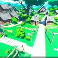 Rural Village Scene With Green Grass Pathway Wooden Cottages Trees And Fences