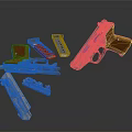 Metallic Pistol Weapon with Multiple Magazines and Metal Parts Displayed on Black Surface