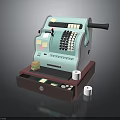 Vintage Light Blue Green Cash Register With Wooden Drawer Coins Bills And White Cups