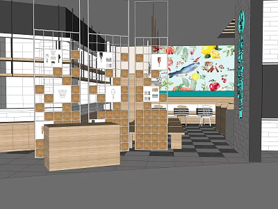 Modern Restaurant Interior With Wooden Counter Display Shelves Wall Decor And Checkered Floor 3d model