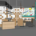 Modern Restaurant Interior With Wooden Counter Display Shelves Wall Decor And Checkered Floor