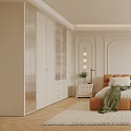 Modern Bedroom Interior Design With Orange Headboard Bed White Wardrobes Recessed Lighting And Potted Plant