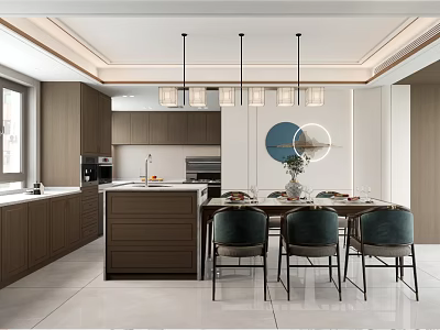 Modern Restaurant Interior With Dark Wood Cabinets Island Counter Dining Table Chairs And Pendant Lights 3d model
