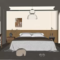 Modern Bedroom Interior With Wooden Headboard Large Bed Wall Art Pendant Light And Cozy Rug