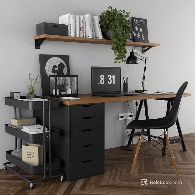 Modern Office Desk And Chair Set With Wooden Top Black Frame Table Lamp And Plant 3d model 