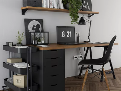 Modern Office Desk And Chair Set With Wooden Top Black Frame Table Lamp And Plant 3d model