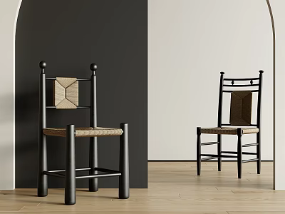 Modern Black Frame Dining Chairs With Rattan Seat And Backrest In Interior 3d model