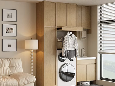 Modern Wooden Balcony Cabinet With Laundry Machine Sink And Hanging Space 3d model
