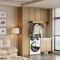 Modern Wooden Balcony Cabinet With Laundry Machine Sink And Hanging Space