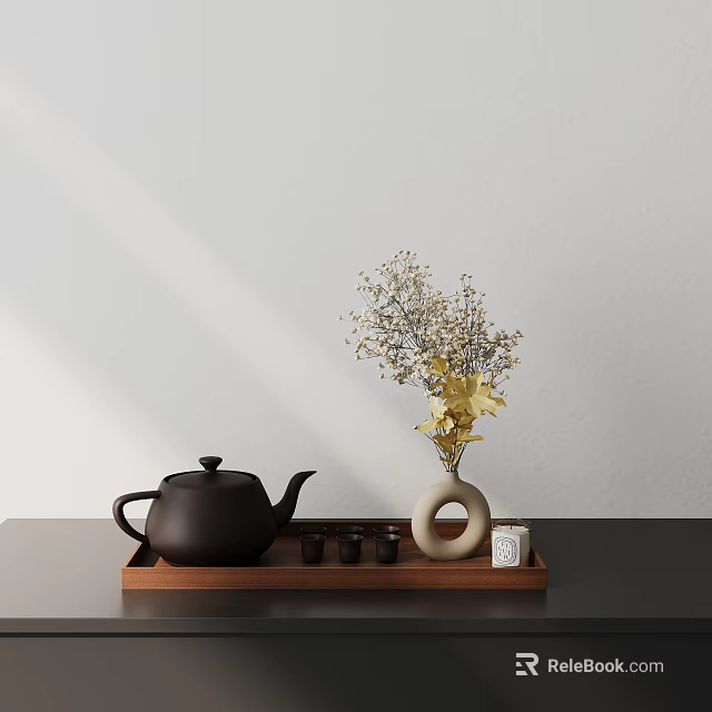 Elegant Plate Decoration With Black Teapot Wooden Tray White Vase And Flowers 3d model 