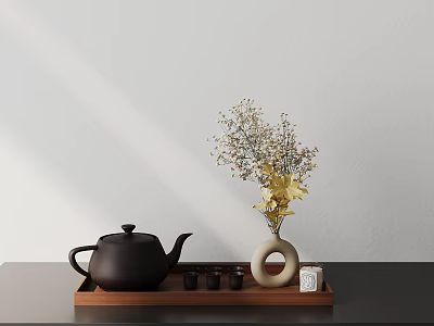 Elegant Plate Decoration With Black Teapot Wooden Tray White Vase And Flowers 3d model